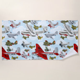 Cartoon retro aeroplanes beach towel