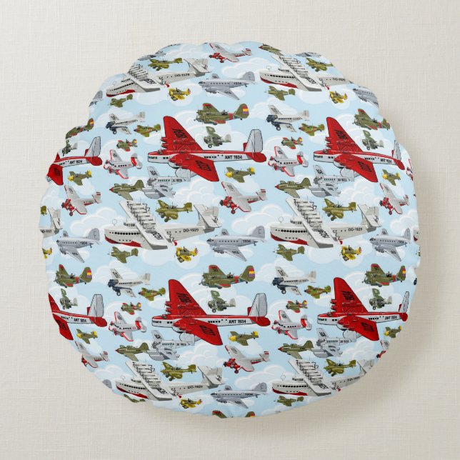 Cartoon retro aeroplanes pattern fabric duvet cove round cushion (Front)