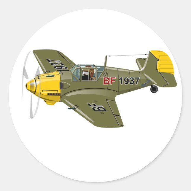 Cartoon retro fighter plane classic round sticker (Front)