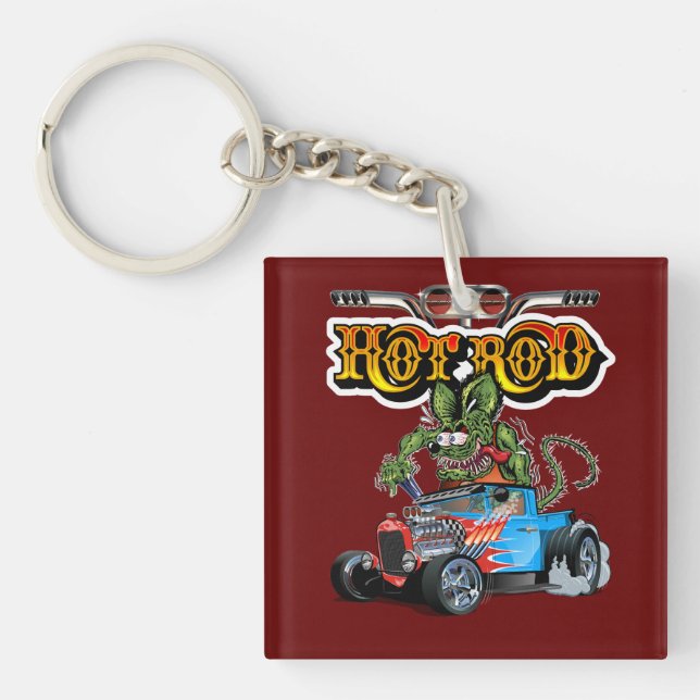Cartoon retro hot rod key ring (Front)
