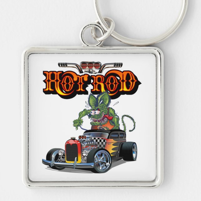 Cartoon retro hot rod key ring (Front)