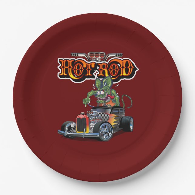Cartoon retro hot rod paper plate (Front)