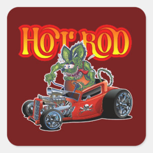 Cartoon retro hot rod square sticker