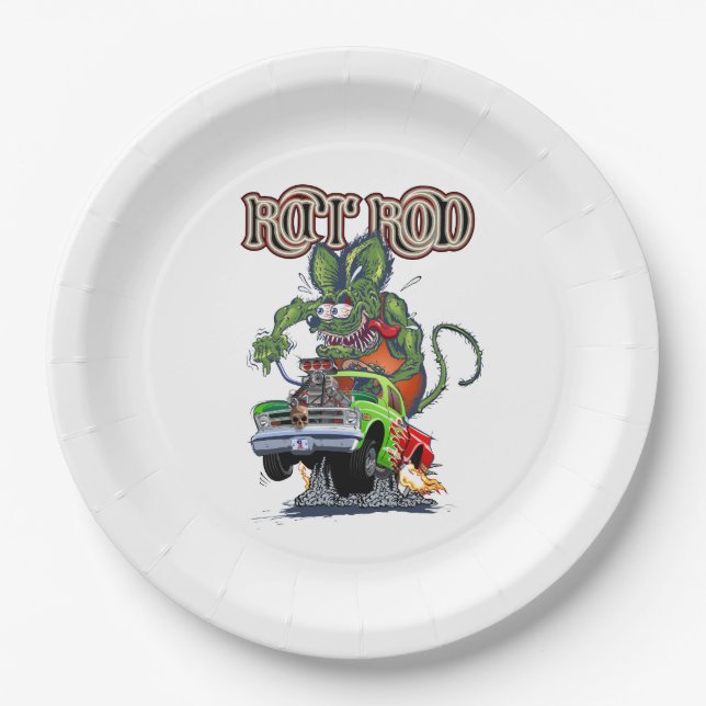 Cartoon retro rat rod paper plate (Front)