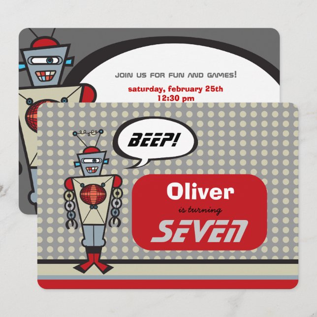 Cartoon Retro Robot Cute Kids Boy Birthday Party Invitation (Front/Back)