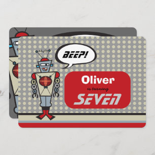 Cartoon Retro Robot Cute Kids Boy Birthday Party Invitation