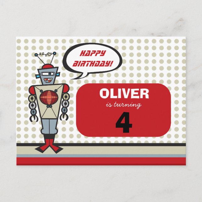 Cartoon Retro Robot Cute Kids Boy Birthday Party Invitation Postcard (Front)