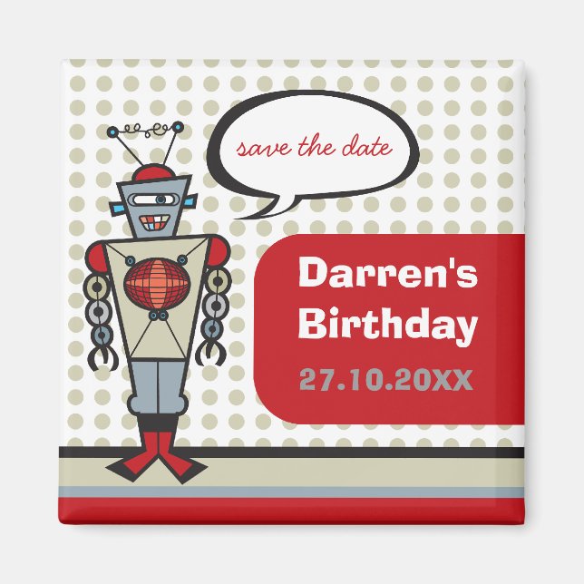 Cartoon Retro Robot Cute Kids Boy Birthday Party Magnet (Front)