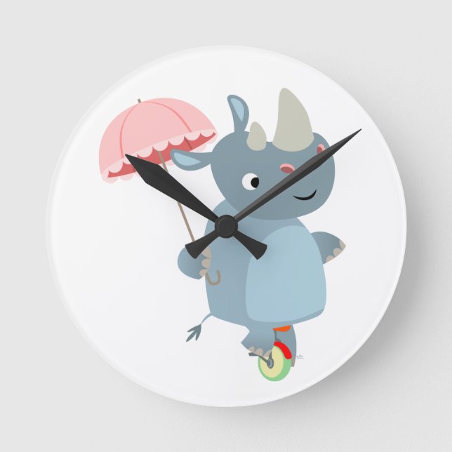 Cartoon Rhino With Umbrella on Unicycle Wall Clock (Front)