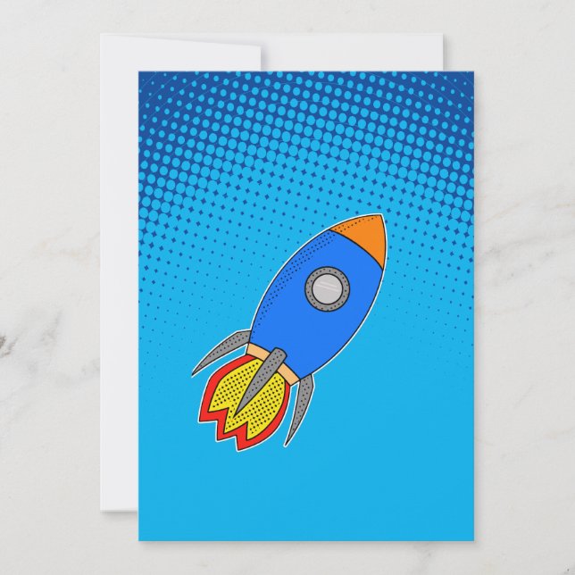 Cartoon Rocket In Blue Sky Gradient Invitation (Front)