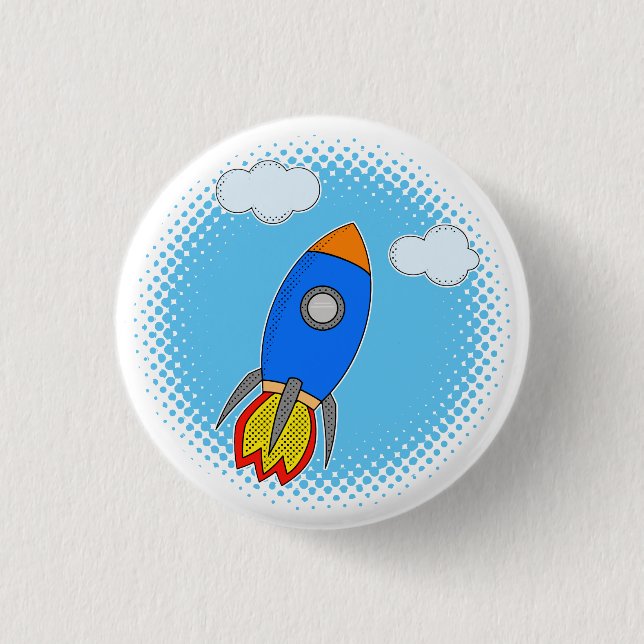 Cartoon Rocket In Blue Sky Halftones 3 Cm Round Badge (Front)