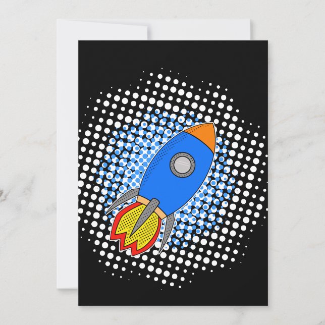Cartoon Rocket In Blue Sky Halftones Galaxy Invitation (Front)