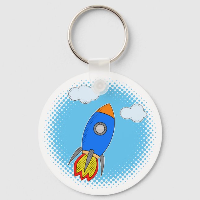 Cartoon Rocket In Blue Sky Halftones Key Ring (Front)