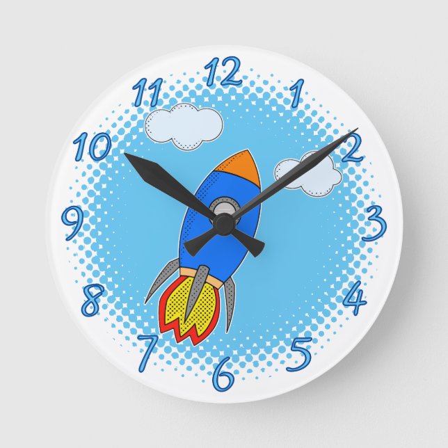 Cartoon Rocket In Blue Sky Halftones Round Clock (Front)