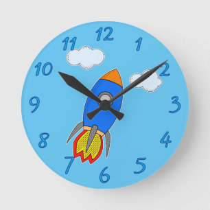 Cartoon Rocket In Blue Sky Round Clock