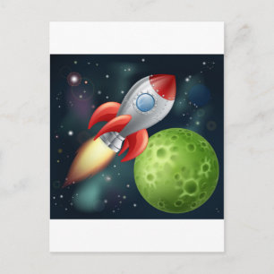 Cartoon rocket in space postcard