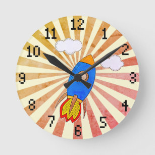 Cartoon Rocket Retro Sunset Decorative Round Clock