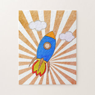 Cartoon Rocket Retro Sunset Jigsaw Puzzle