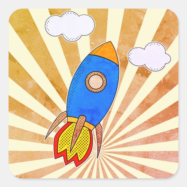 Cartoon Rocket Retro Sunset Square Sticker (Front)