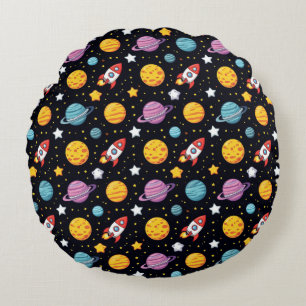 Cartoon Rockets And Planets For Kids Rooms Round Cushion