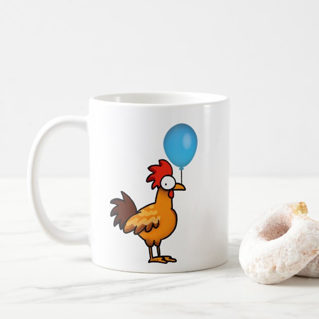 Cartoon Rooster Holding Blue Balloon Coffee Mug (With Donut)