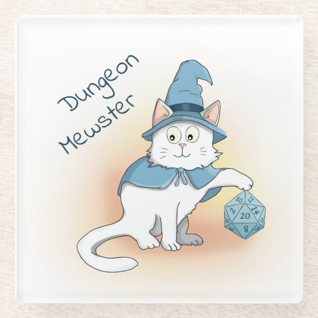 Cartoon RPG Wizard Cat with Dice Glass Coaster (Front)