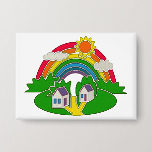 Cartoon rural scene with rainbow and country house