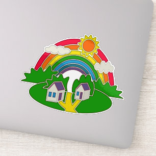 Cartoon rural scene with rainbow and country house