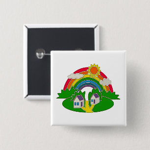 Cartoon rural scene with rainbow and country house 15 cm square badge