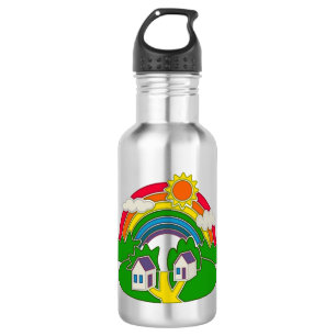 Cartoon rural scene with rainbow and country house 532 ml water bottle