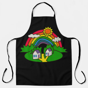 Cartoon rural scene with rainbow and country house apron