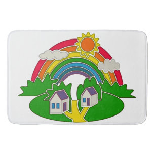 Cartoon rural scene with rainbow and country house bath mat