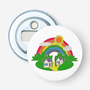 Cartoon rural scene with rainbow and country house bottle opener