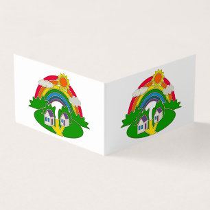 Cartoon rural scene with rainbow and country house business card