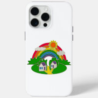 Cartoon rural scene with rainbow and country house