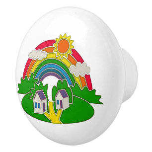 Cartoon rural scene with rainbow and country house ceramic knob