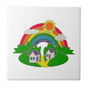 Cartoon rural scene with rainbow and country house ceramic tile