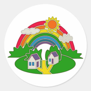 Cartoon rural scene with rainbow and country house classic round sticker