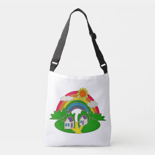 Cartoon rural scene with rainbow and country house crossbody bag
