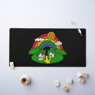 Cartoon rural scene with rainbow and country house desk mat