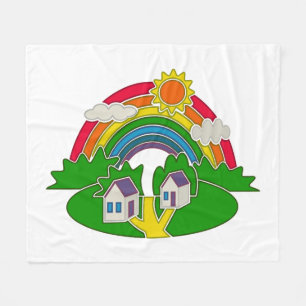 Cartoon rural scene with rainbow and country house fleece blanket
