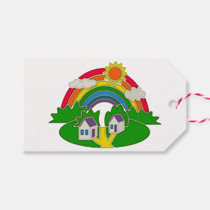 Cartoon rural scene with rainbow and country house gift tags