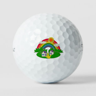 Cartoon rural scene with rainbow and country house golf balls