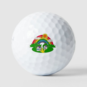 Cartoon rural scene with rainbow and country house golf balls