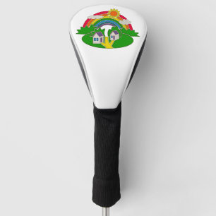 Cartoon rural scene with rainbow and country house golf head cover
