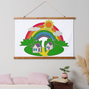 Cartoon rural scene with rainbow and country house hanging tapestry