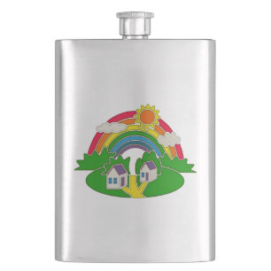Cartoon rural scene with rainbow and country house hip flask