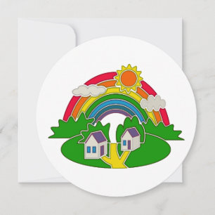 Cartoon rural scene with rainbow and country house invitation