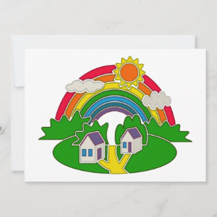 Cartoon rural scene with rainbow and country house invitation