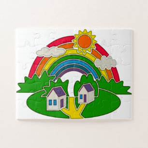 Cartoon rural scene with rainbow and country house jigsaw puzzle